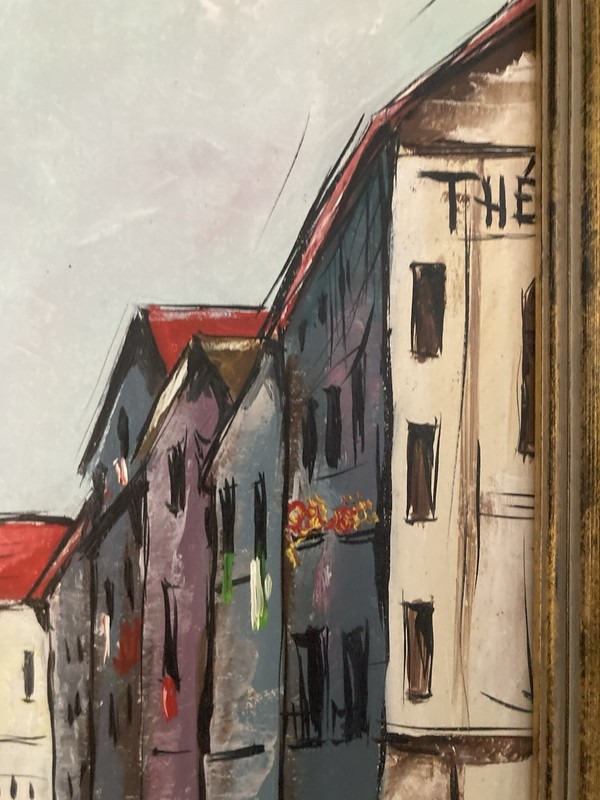 Vintage Mid Century European Street Scene Painting Signed Pascal Canvas 1950s gallery