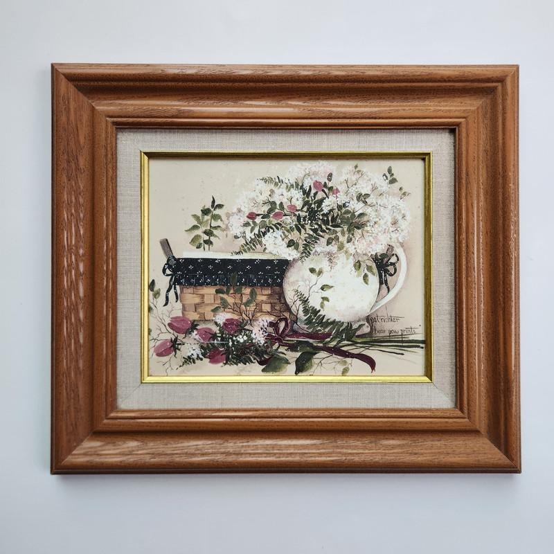 Pat Richter “Bear Paw Prints” Framed Art Flowers Vase Basket Kitchen Decor