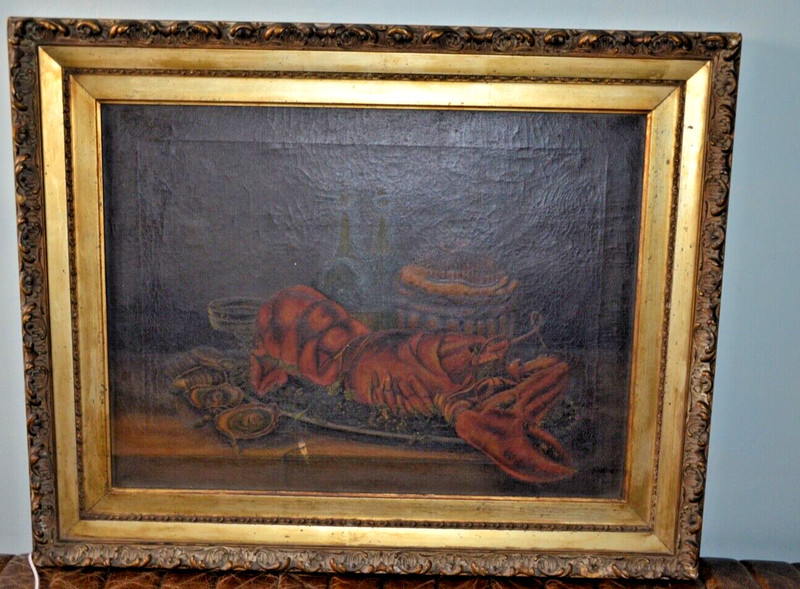 Antique Seafood Still Life oil painting ~ Victorian- Lobster Shellfish Wine 31″