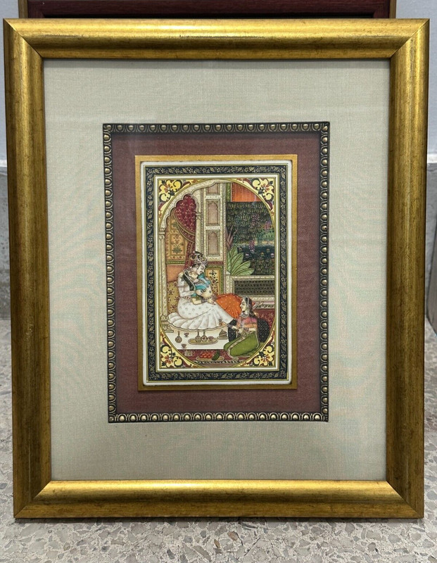 Indian Miniature Painting Of King & Queen In Love Scene With Frame 11×13 Inches