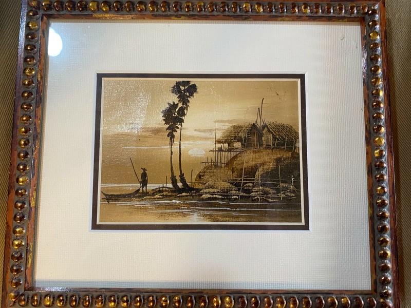 Asian «Fishing River And Landscape Scene» Oil Painting – Framed – #2