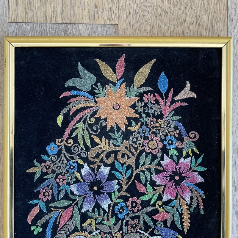 Vintage 1970s MC Vase Flowers Retro Sand Gravel Art On Black Velvet gallery