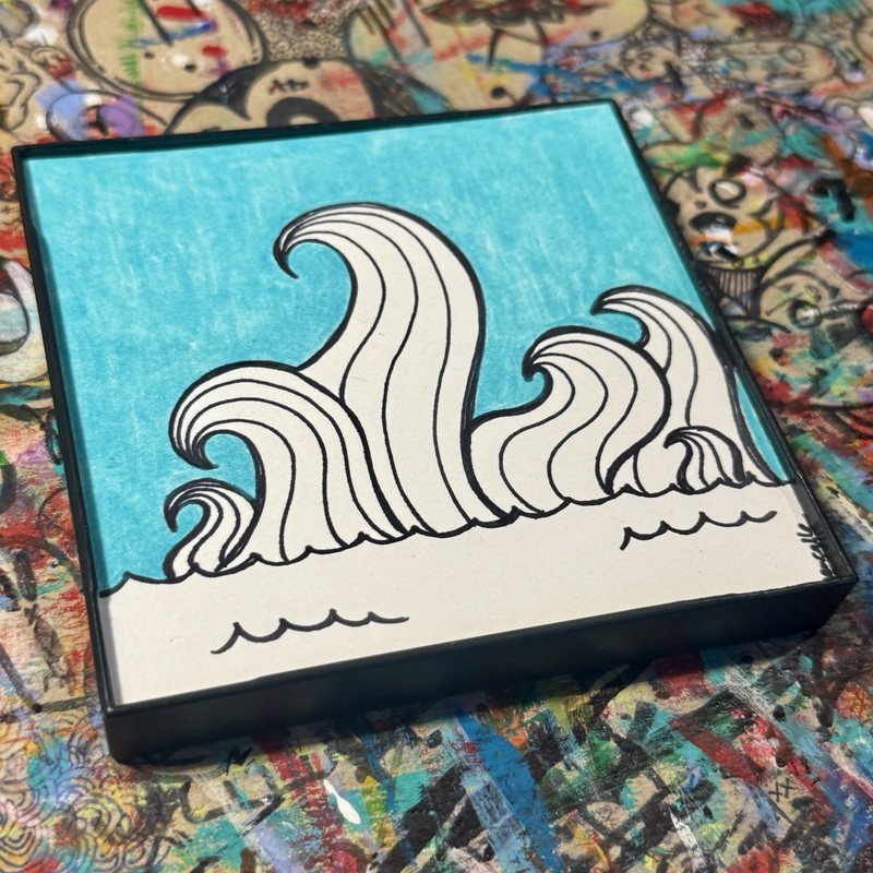 FRAMED ORIGINAL Graffiti Line Art Ocean Wave Sea Beach Pop 4x4 PAINTING Ghostgrl gallery