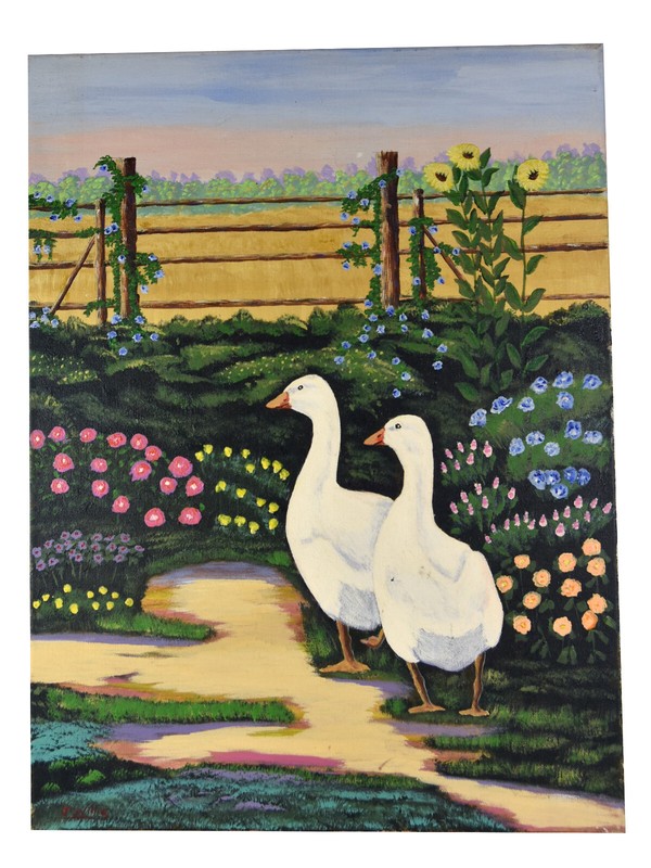 24″ Oil Painting Canvas Americana Garden Decor Geese Sunflowers Summer Art