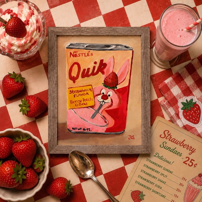 Strawberry Quik Art, Nostalgic Retro Food Painting Framed 11x14 gallery