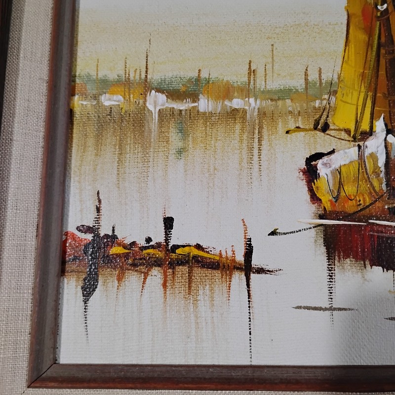 Beautiful Original Oil Seascape/Nautical/Boat/Harbor. Signed, Framed gallery