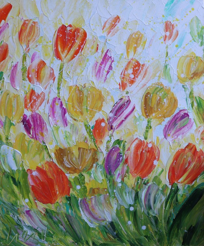 Spring Tulips Painting Original Impasto Floral Wall Art, Colorful Canvas 20×24