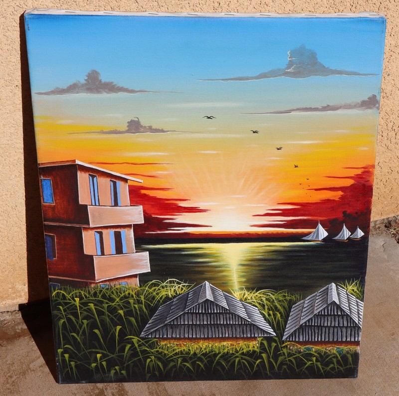 JEAN JOSEPH MONFORT (1951-2020 Haitian) Dwellings by the Sea oil painting 2008