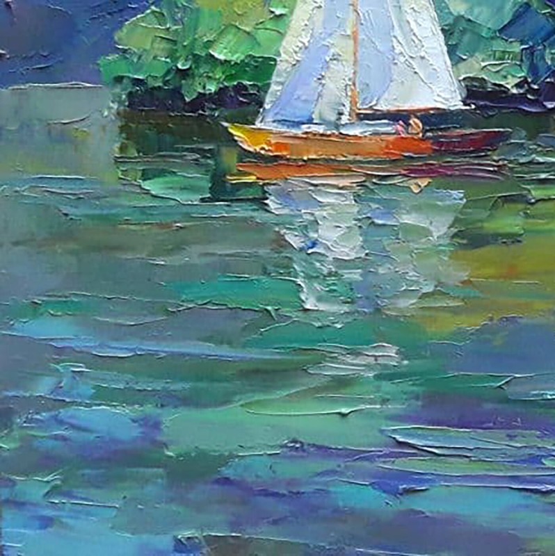 Oil Painting White Sailboat Serdyuk B. Unframed Original Wall Hanging nSerb699 gallery