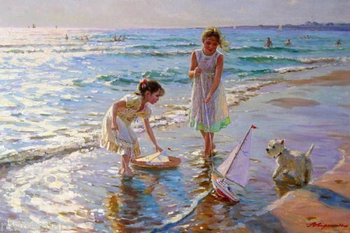 MQ378 Stretched Canvas Frame / Unframed Two Girl Dog By Sea Oil Painting