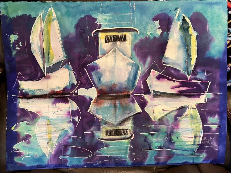 Orig Watercolor Painting Sailboats Powerboats in Harbor 22x30 Unframed Lg Nice gallery