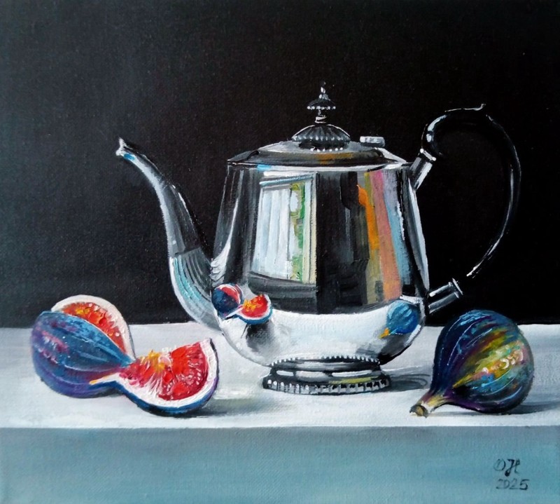 Still Life with Figs and Silver Teapot |Original Oil Painting on Canvas 18х20 cm