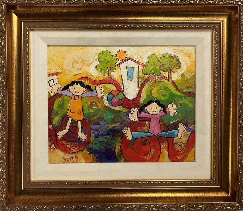 Jose Huallpa «Jugando a Fuera» (Playing Outside) Signed Original Oil Peru Art