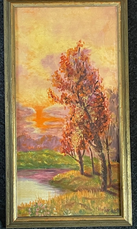20″ x 10″ Wood Gold Frame Oil painting Canvas Board Orange Tree Mid Century