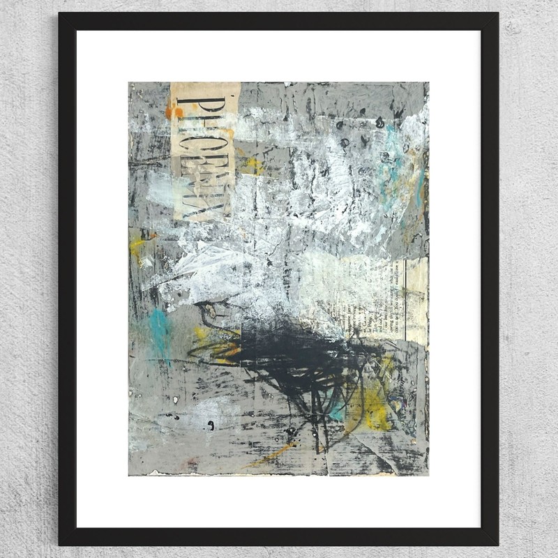 Original Grunge Minimalist Modern Art Collage Painting 8.5×11 «Phoenix» Signed