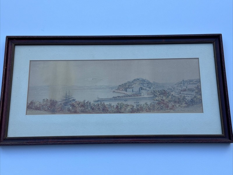 ANTIQUE 19TH CENTURY PAINTING OCEAN SEA BEACH COAST SHIPS HISTORIC PORT VIEW OLD