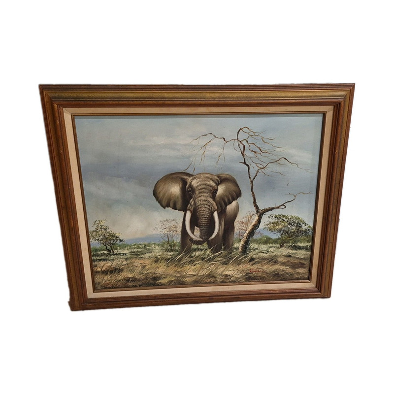 Original Signed Wildlife Art, MCM Decor, 1970s African Elephant Painting. Watson