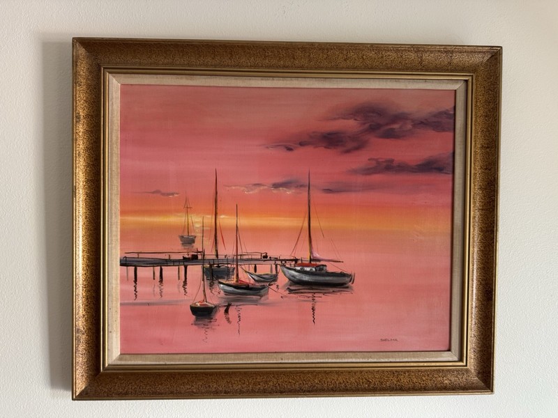 Vintage Original Oil Painting Sailboats at Sunset Marina Seascape Framed gallery