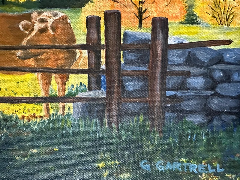 1979 Texas Farm Painting Autumn Landscape with Cows by G. Gartrell – Framed gallery