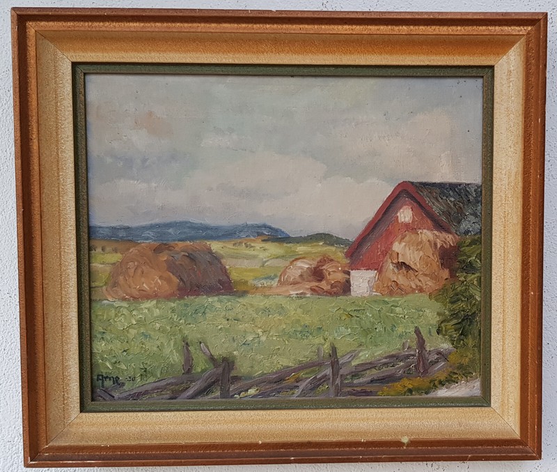 1930 year oil painting artwork with frame picture painting oil painting field village