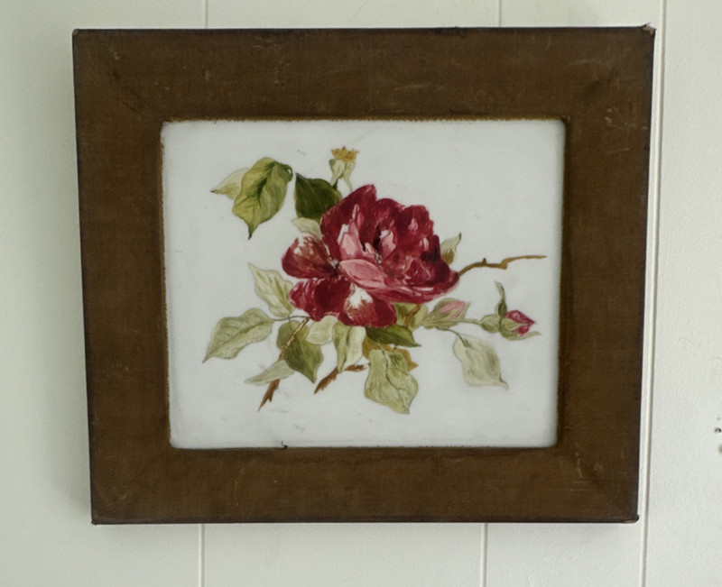 Framed Still Life Painting Red Rose Floral Botanical Art on Glass