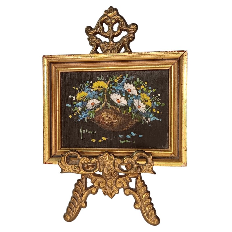 Miniature Oil Painting Daisy Flowers In Wicker Basket Signed Vivian Hollan Swain