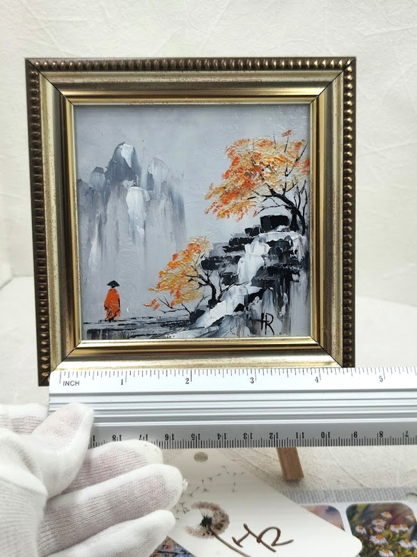 Original Oil Painting 4x4 in Framed Signed Abstract Japanese Landscape Impasto gallery