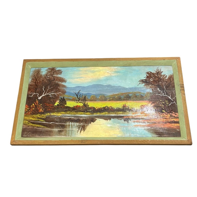 Vintage P. Ross Landscape Trees River Original Painting Signed 10.75×18.75
