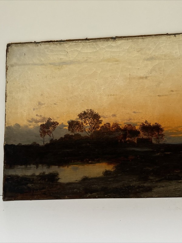 Antique Tonalist Landscape Painting Evening Sunset Impressionist 19th Century gallery