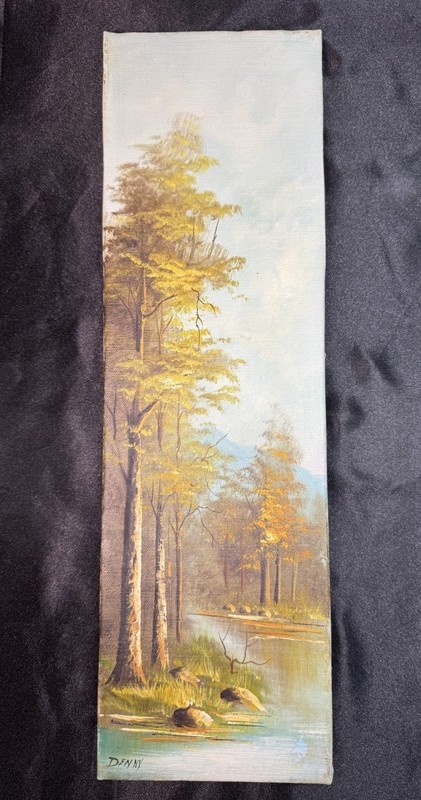 VTG Oil Painting On Stretched Canvas Autumn /Fall Trees & Stream 6.5 X 20.5 In