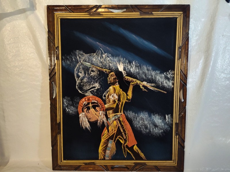 VINTAGE NATIVE AMERICAN WARRIOR & WOLF SPIRIT FRAMED VELVET PAINTING 19 X 23