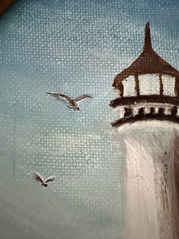 Original Signed Coastal Lighthouse Seagulls Painting – Framed Seascape gallery