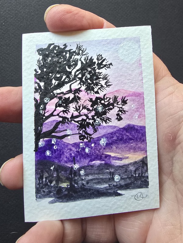 ACEO Original Watercolor Mountain Landscape - "First Fireflies" signed 2.5x3.5 gallery