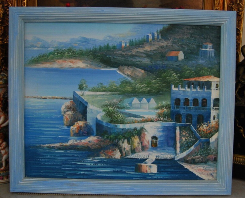 VTG SIGNED FRAMED ORIGINAL OIL MEDITERRANEAN SHORE SEASCAPE ARTIST: TONNIE BARR gallery