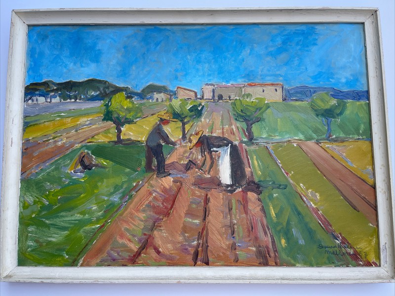 ANTIQUE Farm Farming Painting Impressionism Modernism 1950’s Mid Century Oil gallery