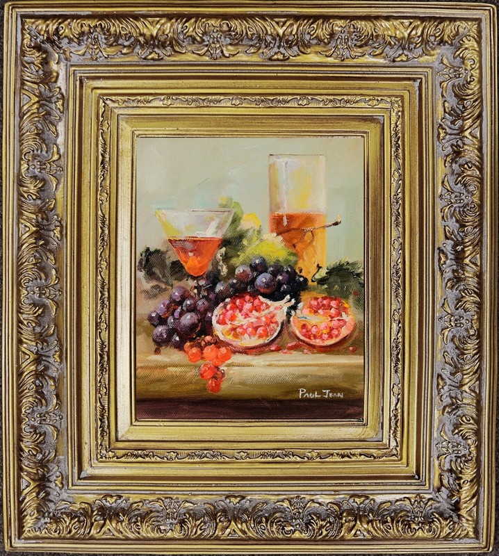 Oil Painting and Wooden Frame, Grape Wine Fruit Still Life, Signed Jean Paul gallery