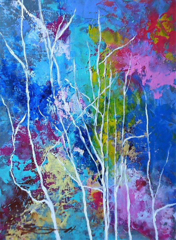 ORIGINAL S. Graff blue «Birch Grove» 16H x12W canvas panel painting acrylics