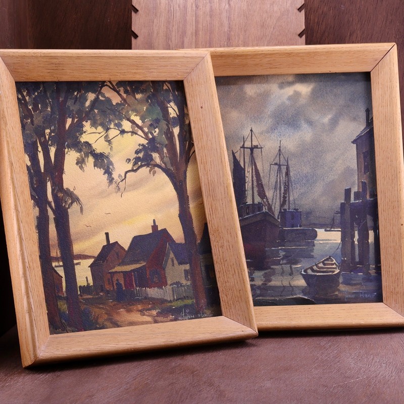 Pair of Original John Cuthbert Hare Harbor Watercolors Signed Cape Cod Art
