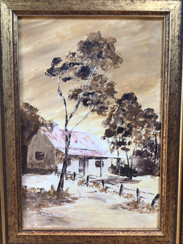 Artist J Forshaw Pair Of Painting Bush Huts Framed Oils 1980s gallery