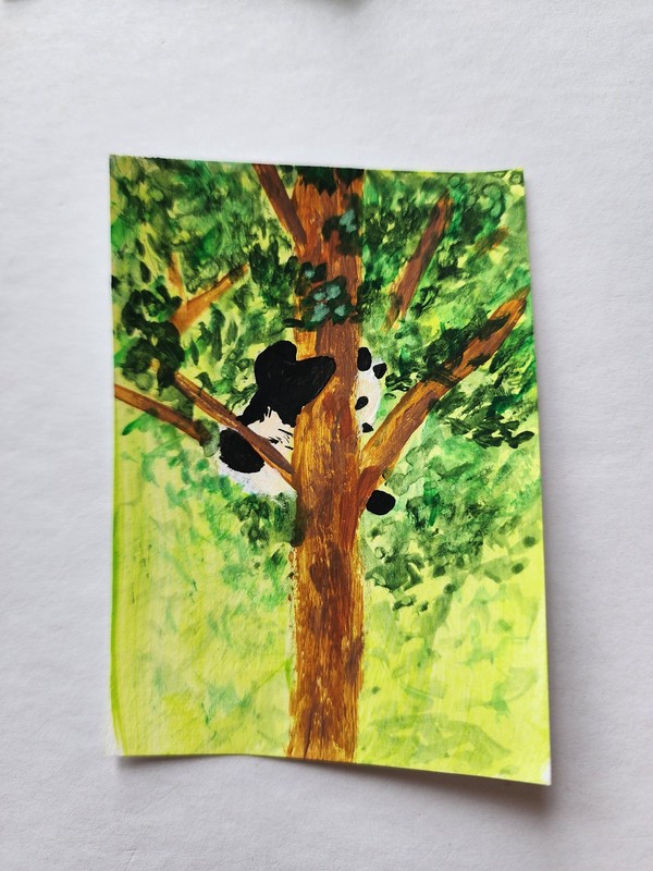 ACEO Original Acrylic Painting Abstract Panda in Tree by Kiva
