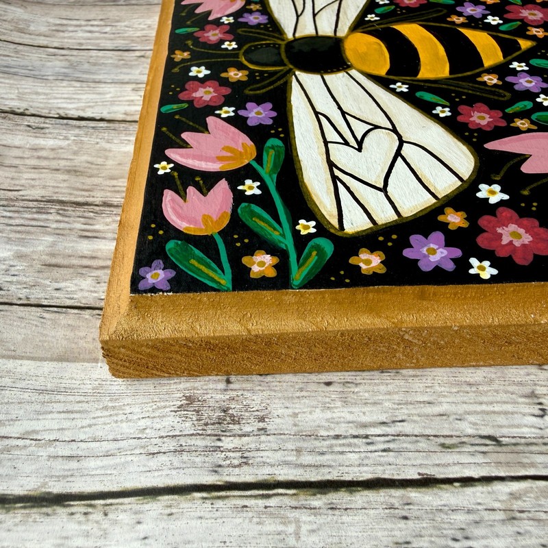 Black Spring Bee Original Hand Painted Wood Plaque Wall Art 5.5x7.5 inches gallery