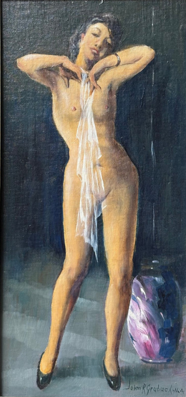 “Teasing Girl» 17 1/2 x 8 3/8″ Oil Painting on Board-John Grabach(1886-1981)