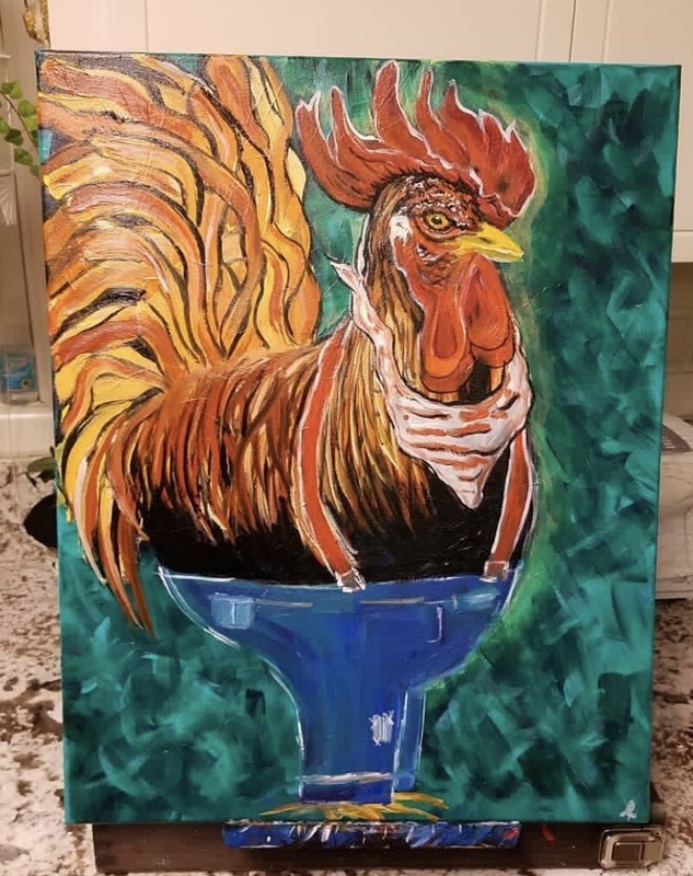 «Rooster Pants” 16×20 acrylic painting on canvas by original artist. Rooster
