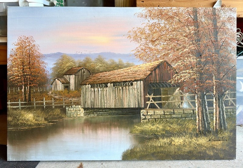 K.Michaelson Original Oil Painting Covered bridge Fall Autumn canvas 24 X 36