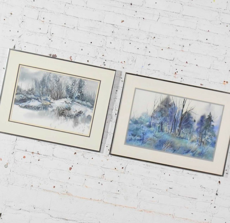 Pair Vintage Watercolor Winter Landscape Paintings by Dorothy M. Reece Kordash