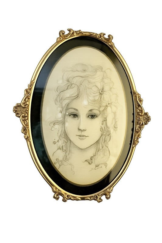 Oval Convex Bubble Glass Frame Ornate Victorian Style Brass Tone Velvet 19x16
