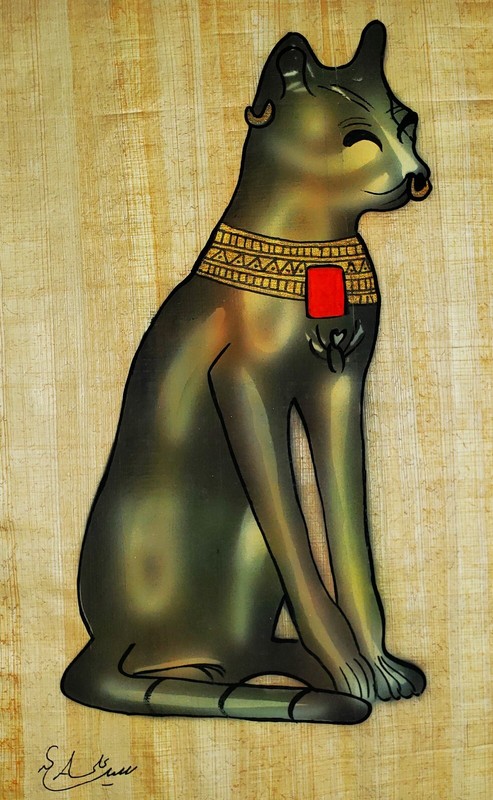 ANCIENT EGYPTIAN PAPYRUS PAINTING on Handmade Paper SIGNED Bastet Cat Deity