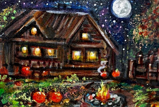 ACEO Original Painting Fall CABIN Star Fire Pumpkin Night Moon Landscape ATC ART
