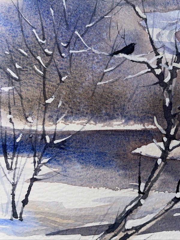 9”x12” Pamela Wilhelm Original Loose Watercolor Winter Road Birds Tree Landscape gallery