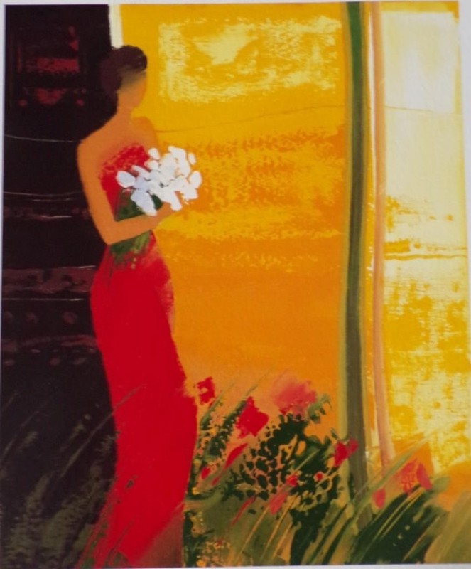 SERIOLITHOGRAPH OF WOMAN WITH FLOWERS by EMILE BELLET with COA